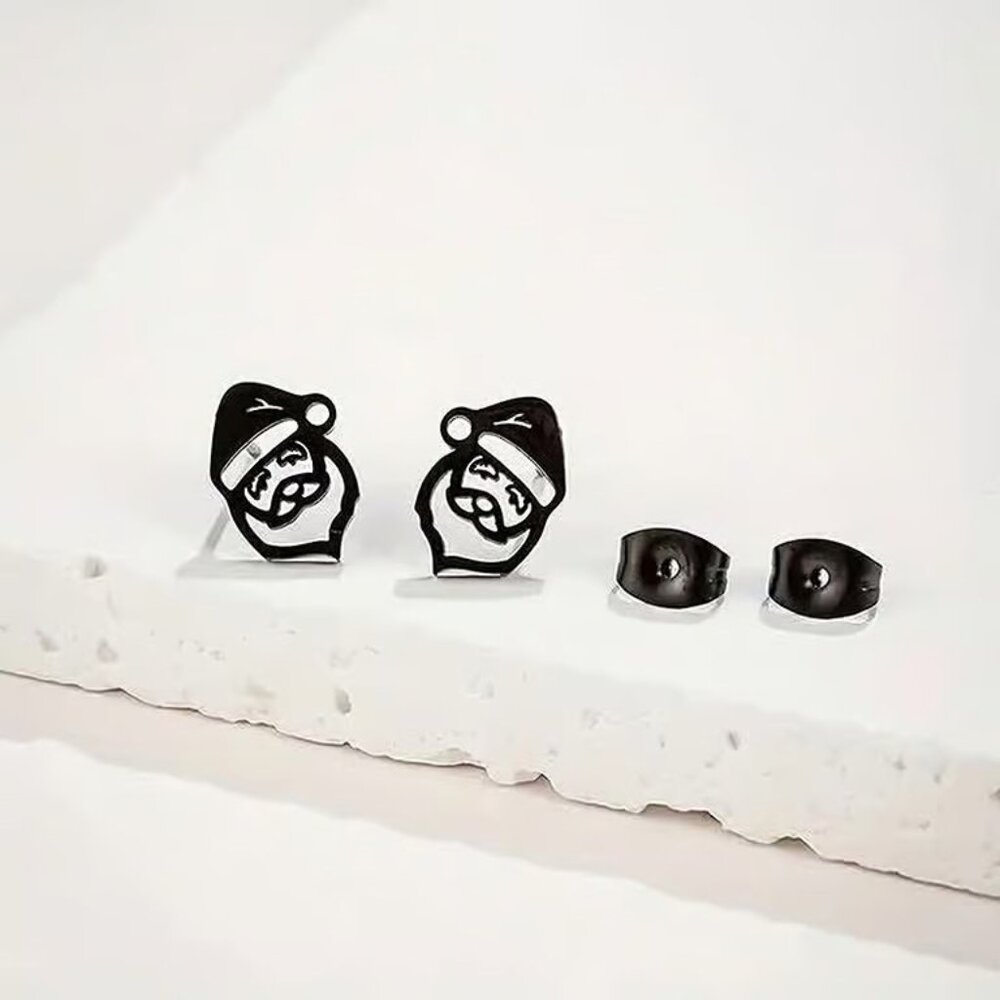 Black Stainless Steel SANTA CLAUS Christmas Stud Earrings